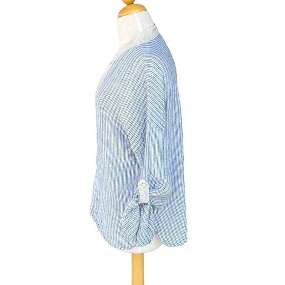 Mastro Moda Italy 100% Linen Stripe Popover Henley Top Blue Ecru Roll Tab Small - Picture 2 of 13
